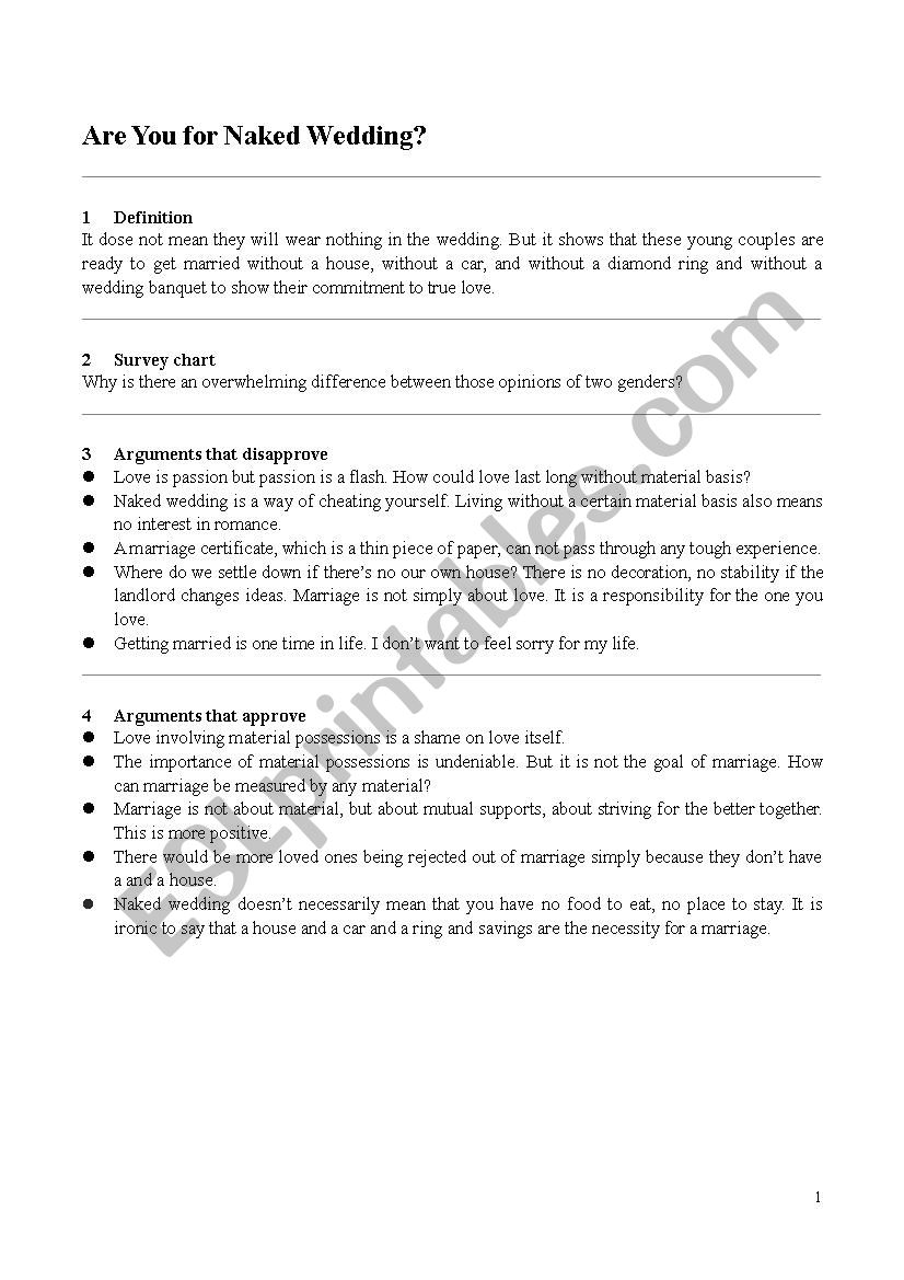 Naked wedding debating worksheet