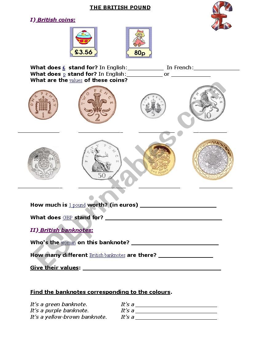 British money worksheet