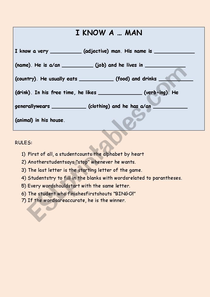 I KNOW A.. MAN worksheet