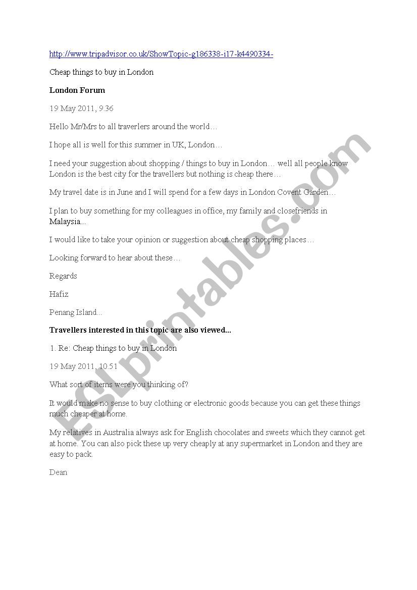 shopping worksheet