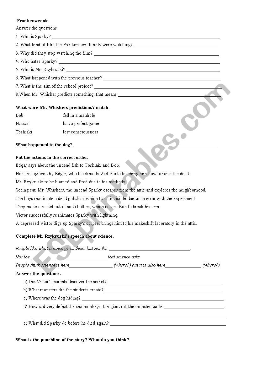 Frankenweenie - worksheet exercises