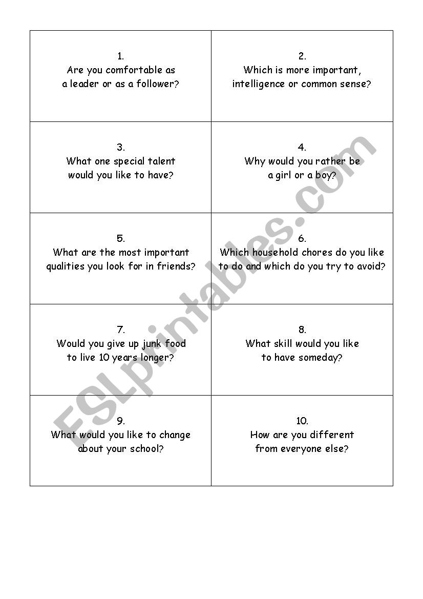 50 conversation starter cards worksheet