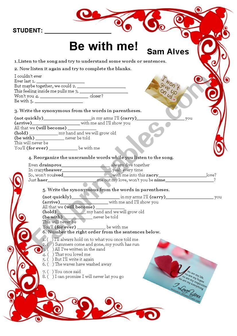 BE WITH ME - SAM ALVES worksheet