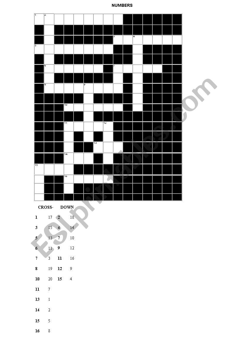 CROSSWORDS NUMBERS worksheet