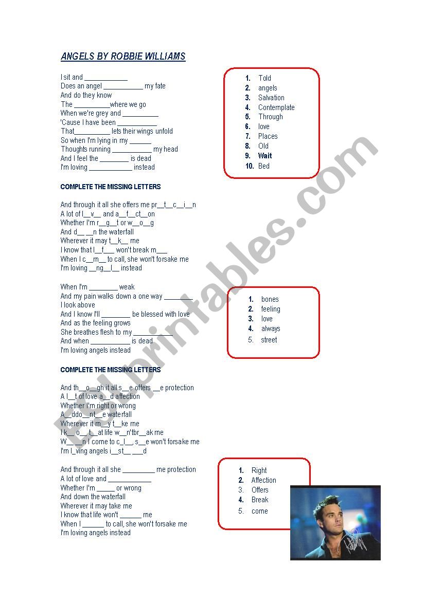 song angels by Robbie Wlliams worksheet