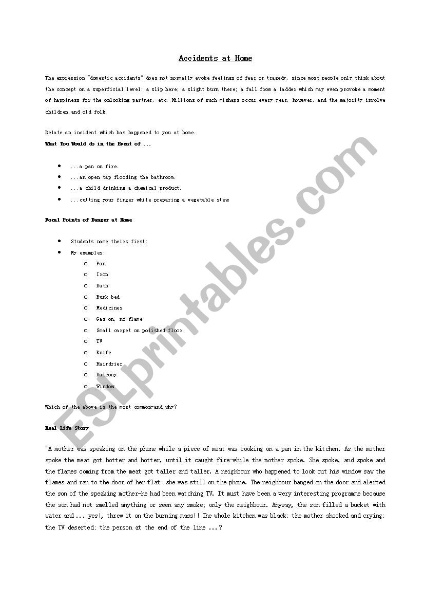 Accidents at home worksheet