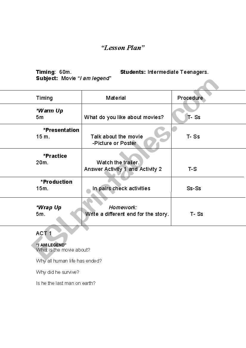 Parts of a story by using movies (I AM LEGEND) Lesson Plan + activities