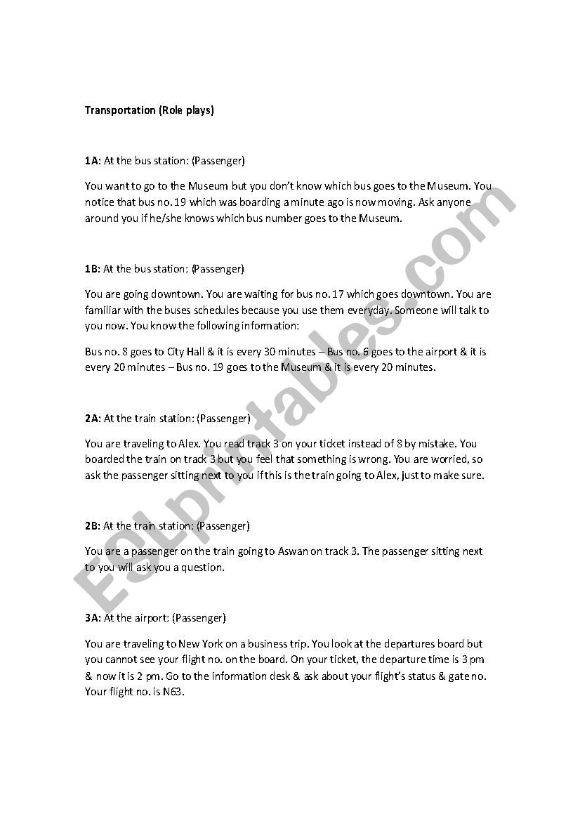 transportation role play  worksheet