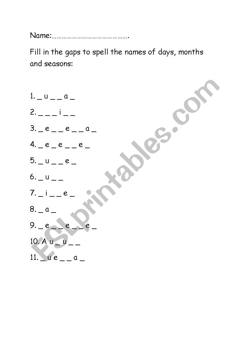 Days and months worksheet