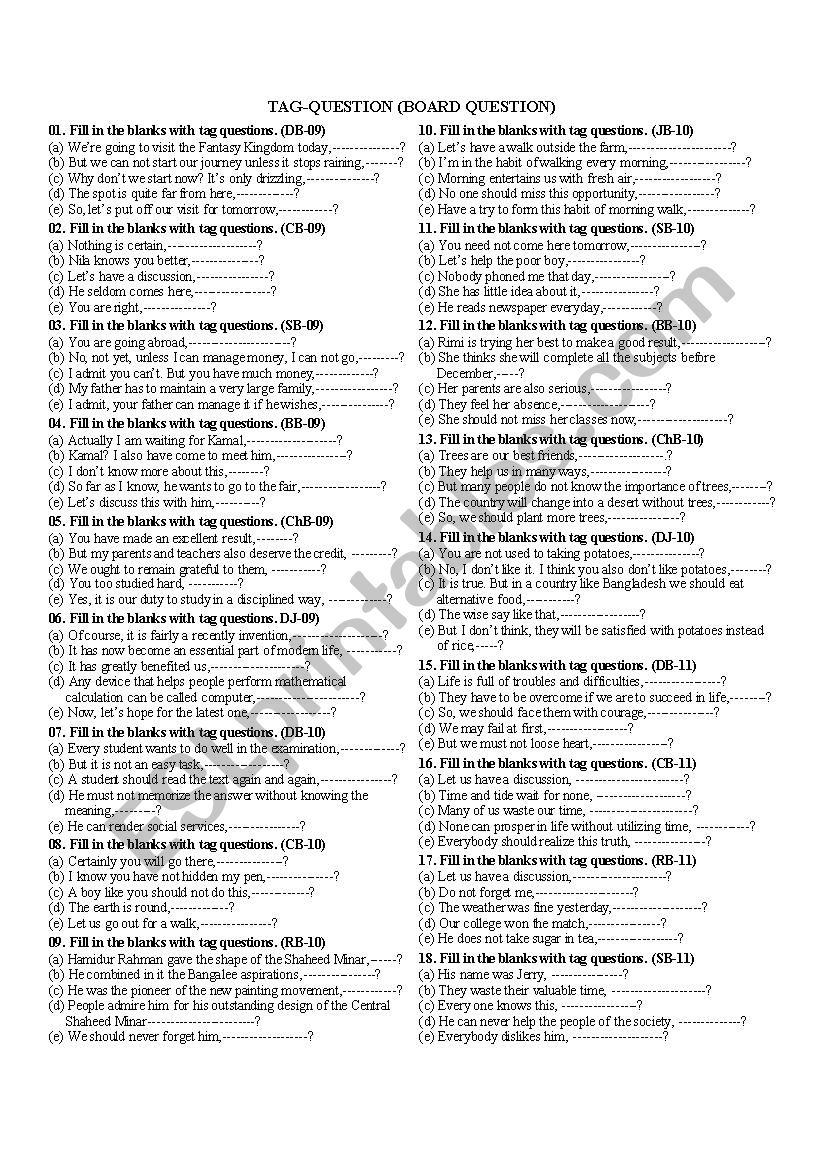 tag question with answer worksheet