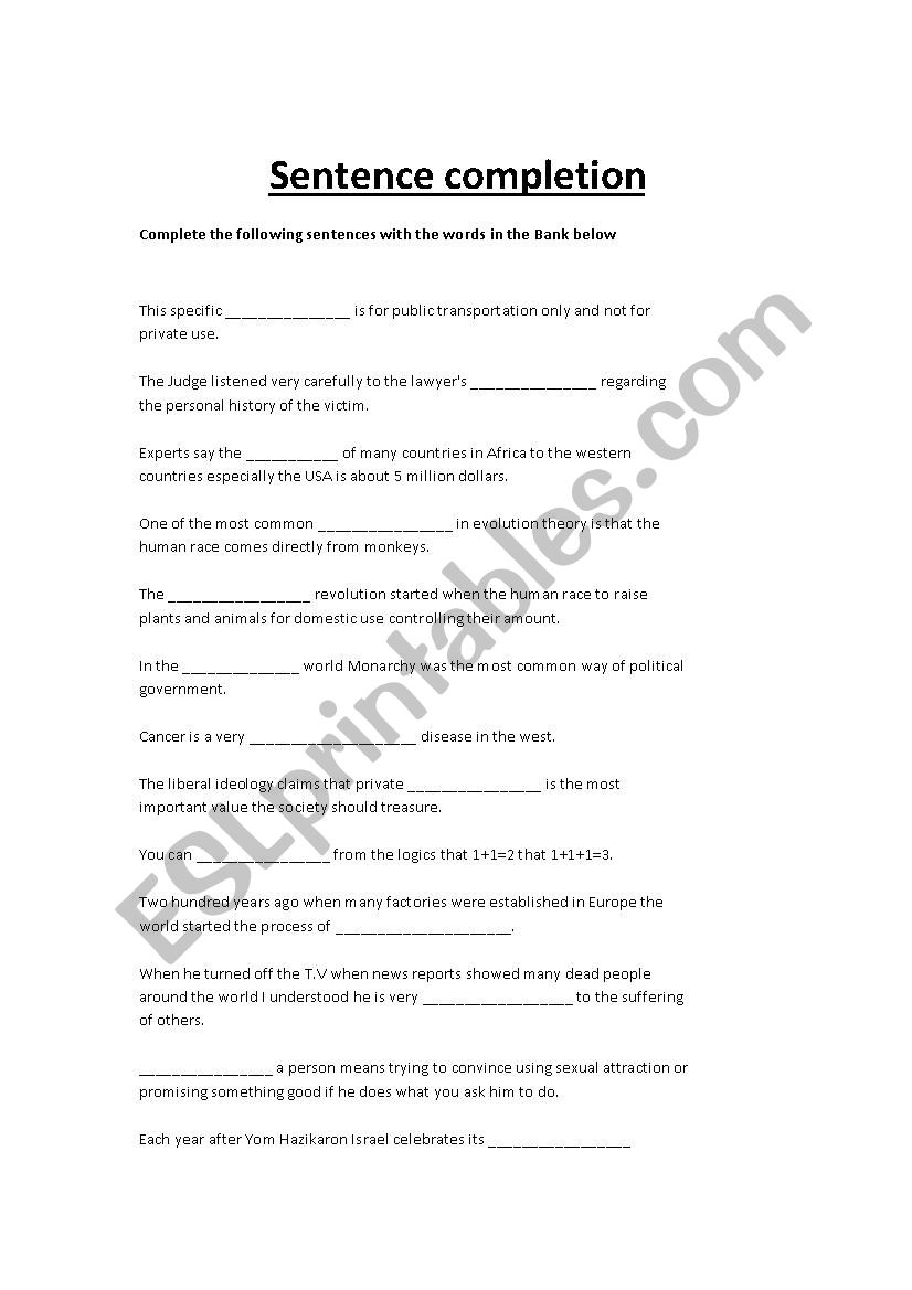 Sentence completion  worksheet
