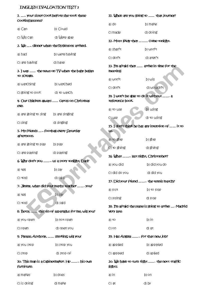 ENGLISH EVALUATION TEST 3 worksheet