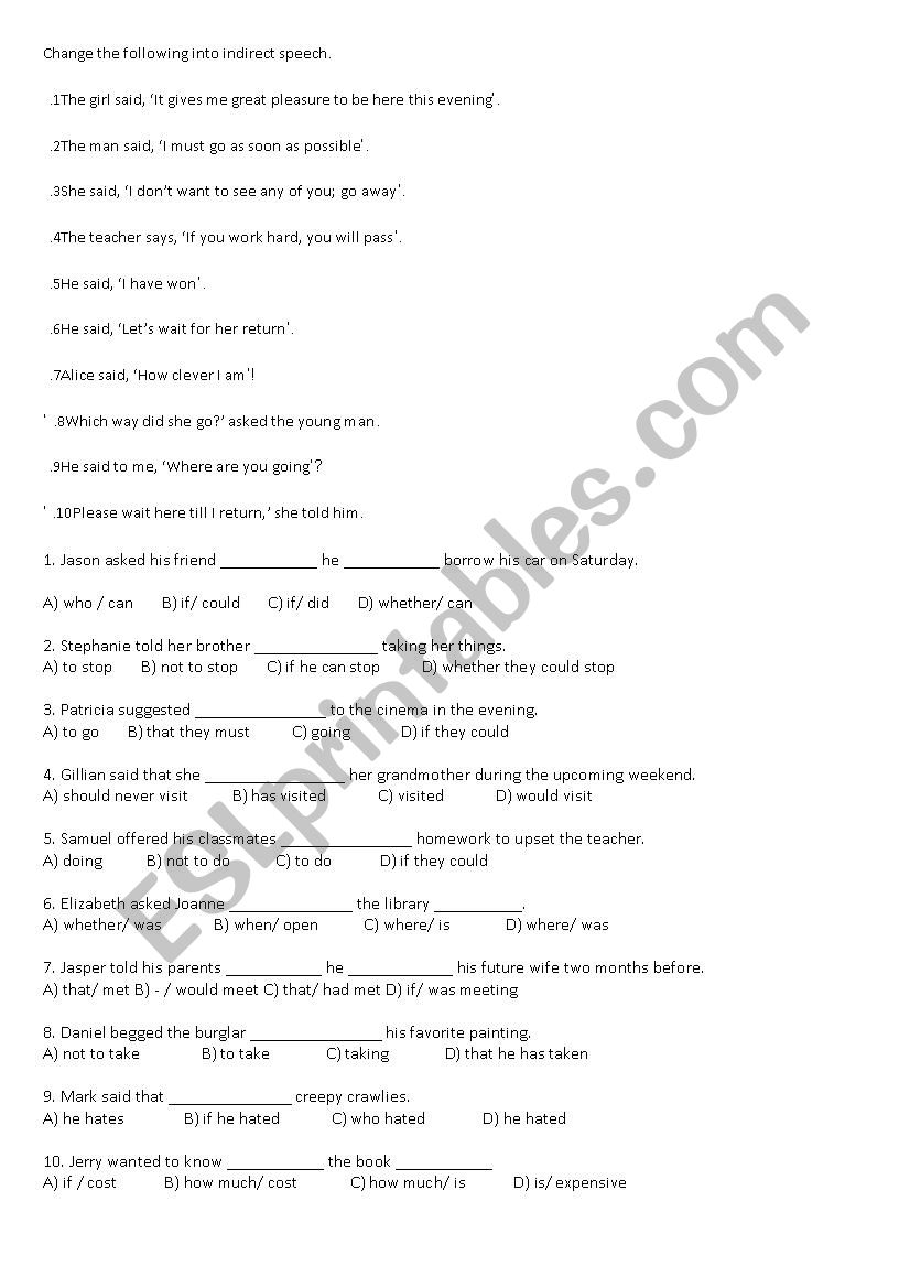 Direct and indirect speech worksheet