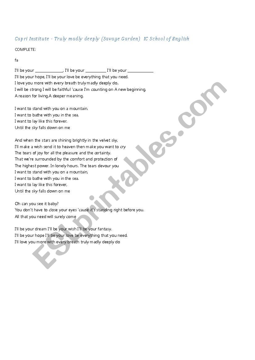 SONG: SAVAGE GARDEN worksheet