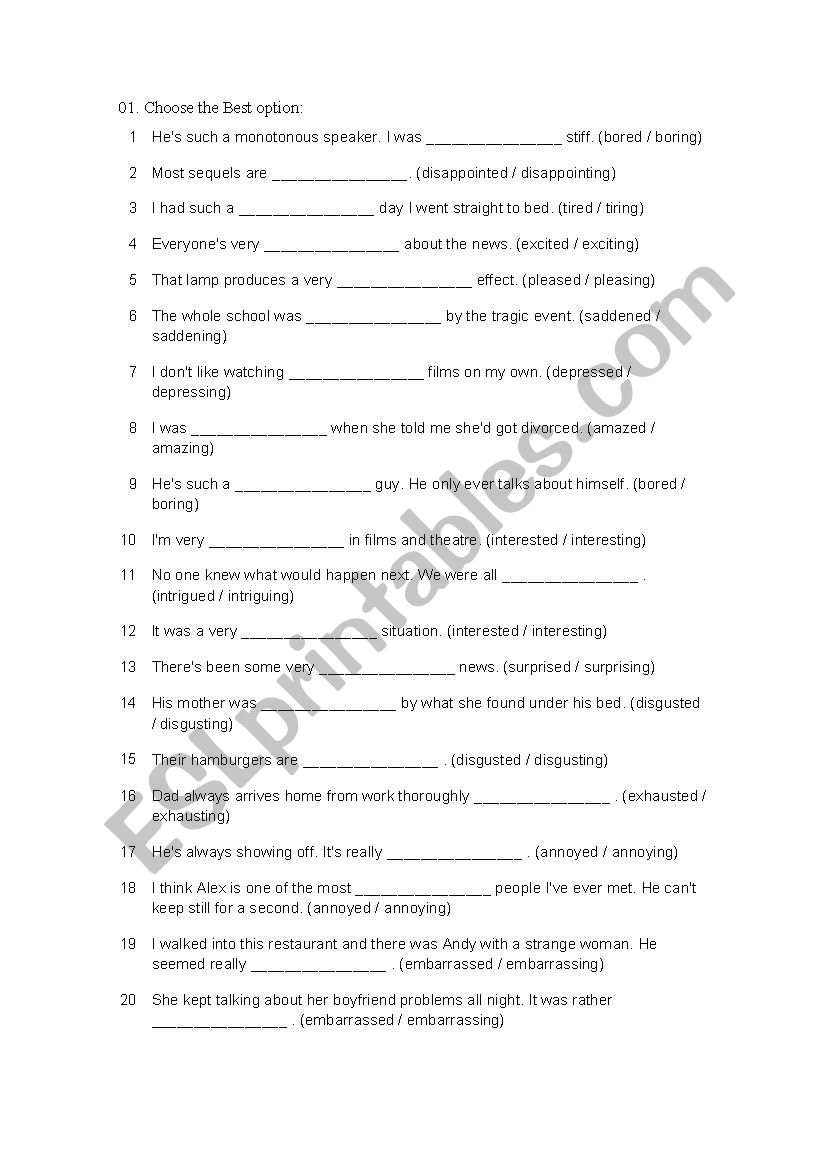 Adjectives ed-ing endings worksheet