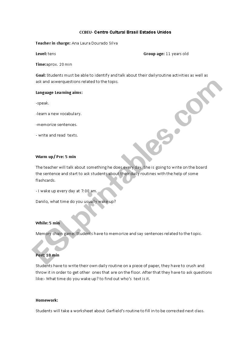 daily routine course plan worksheet