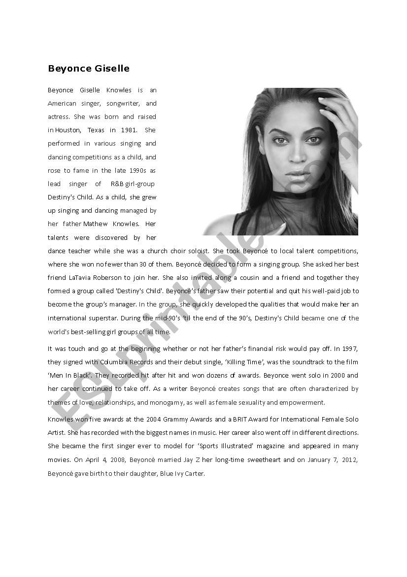 Beyonc Knowles worksheet