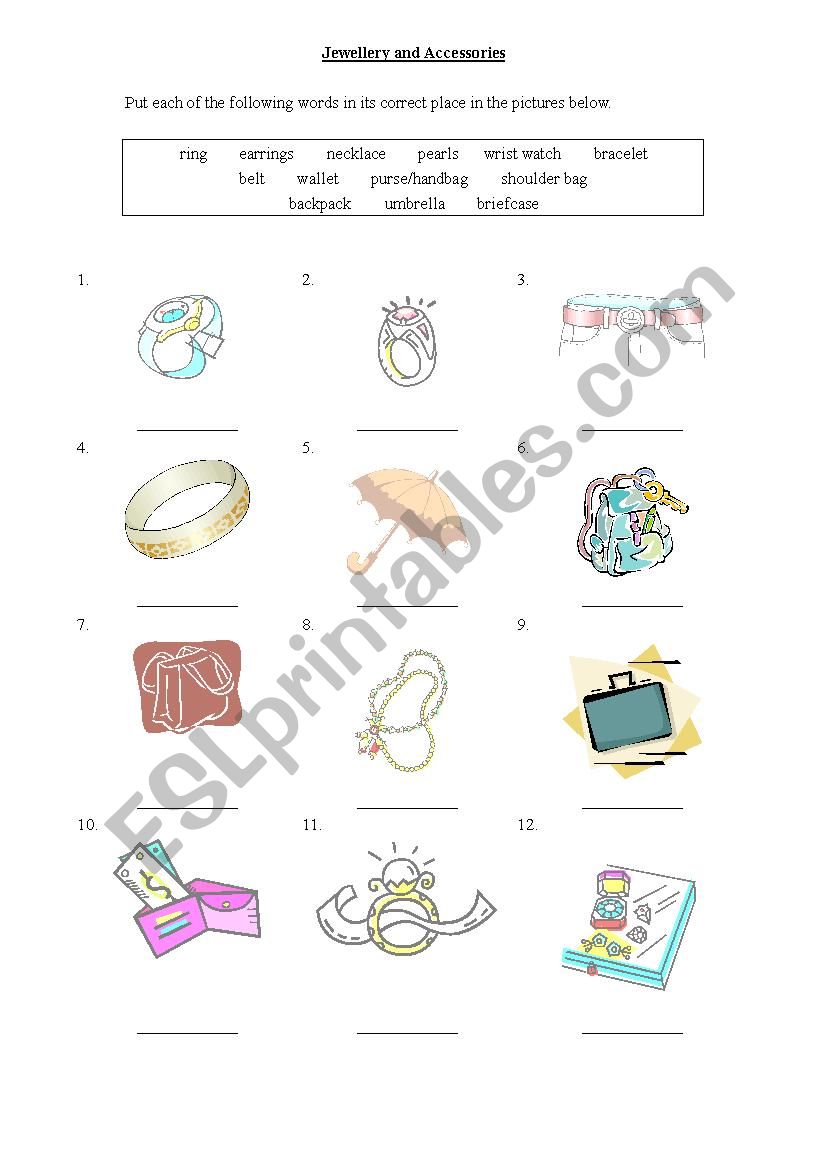jewelery and accessories worksheet