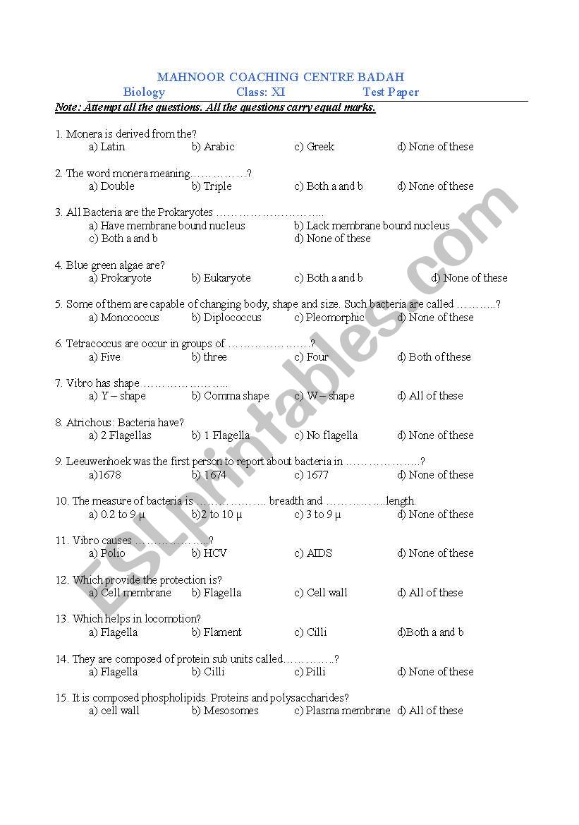 biology cell test worksheet