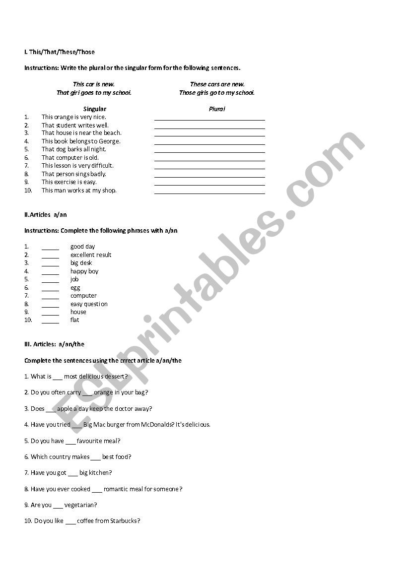 demonstratives and articles  worksheet