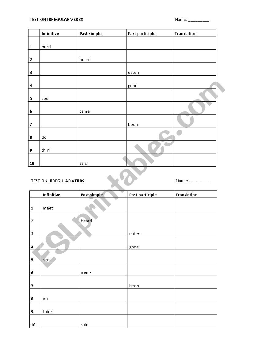 Test on irregular verbs worksheet