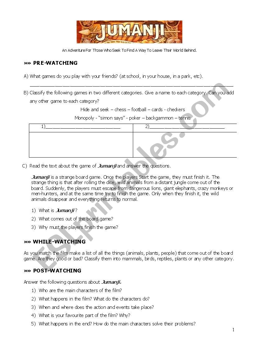 Jumanji Worksheet worksheet