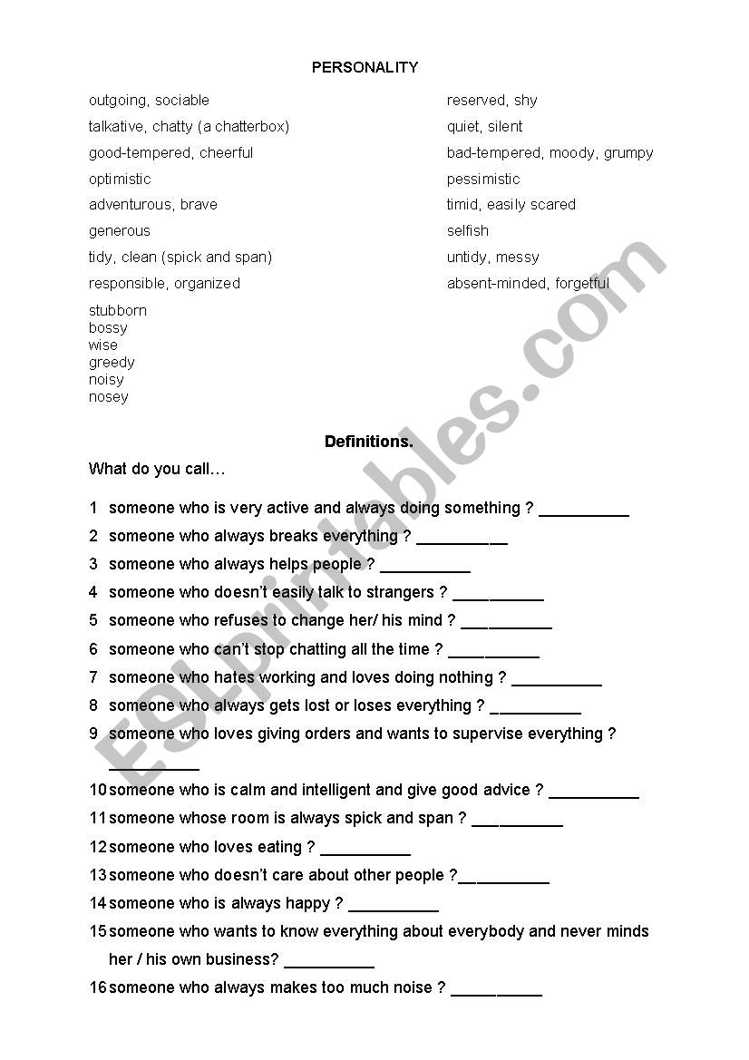 Personality adjectives worksheet