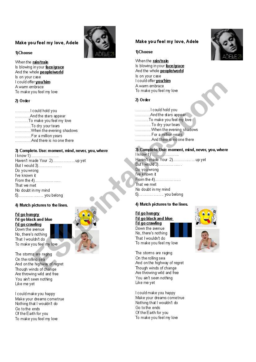 Make you feel my love, Adele worksheet