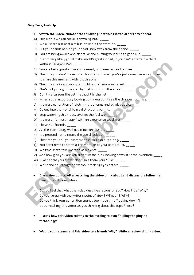 Look up - Cary Turk worksheet