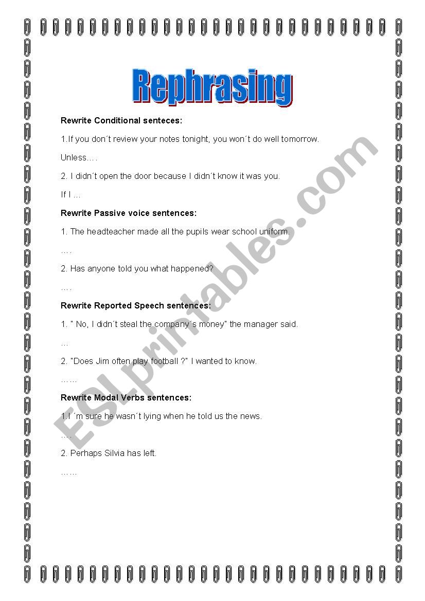 Rephrasing exercises worksheet