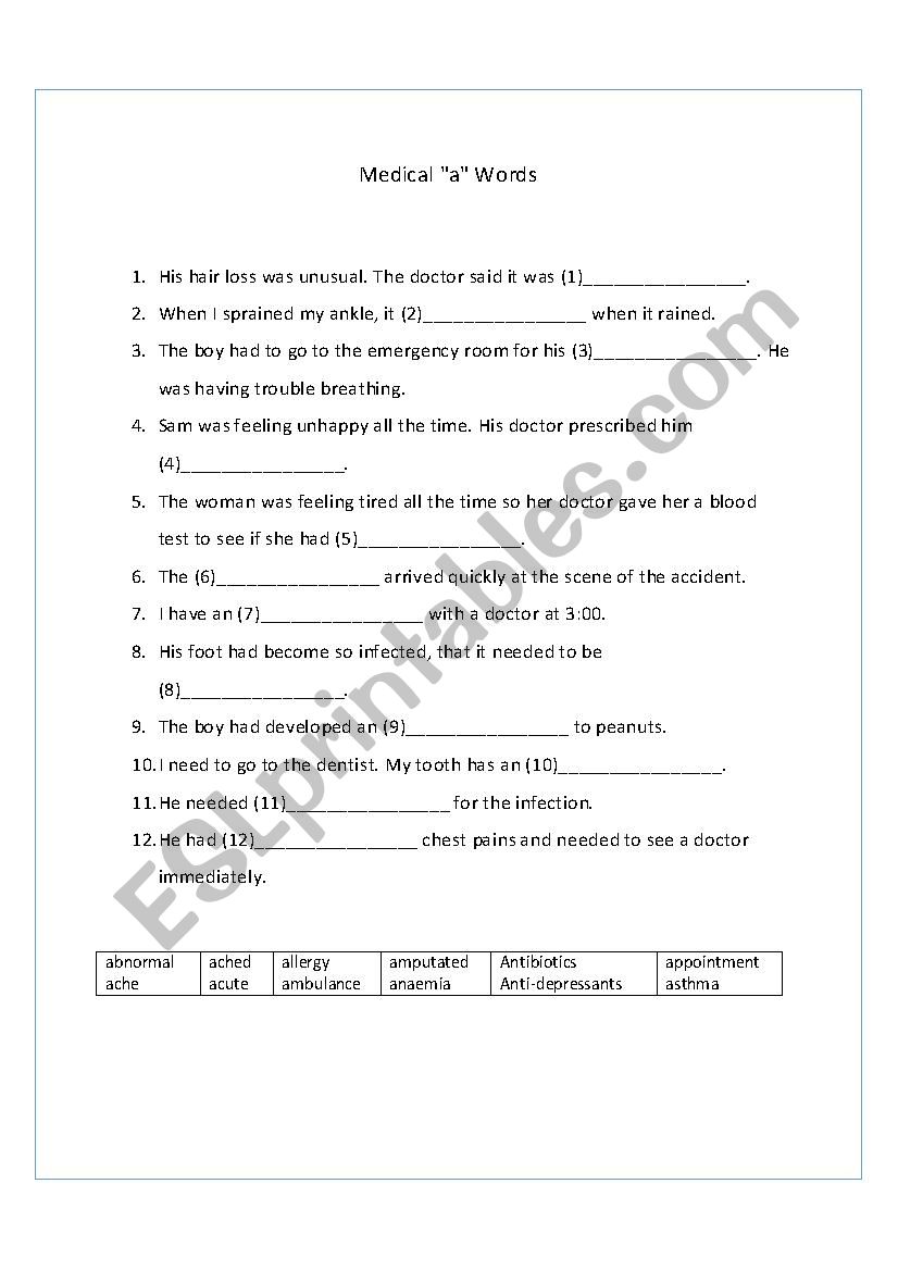 Medical Word Gap Fill Letter A