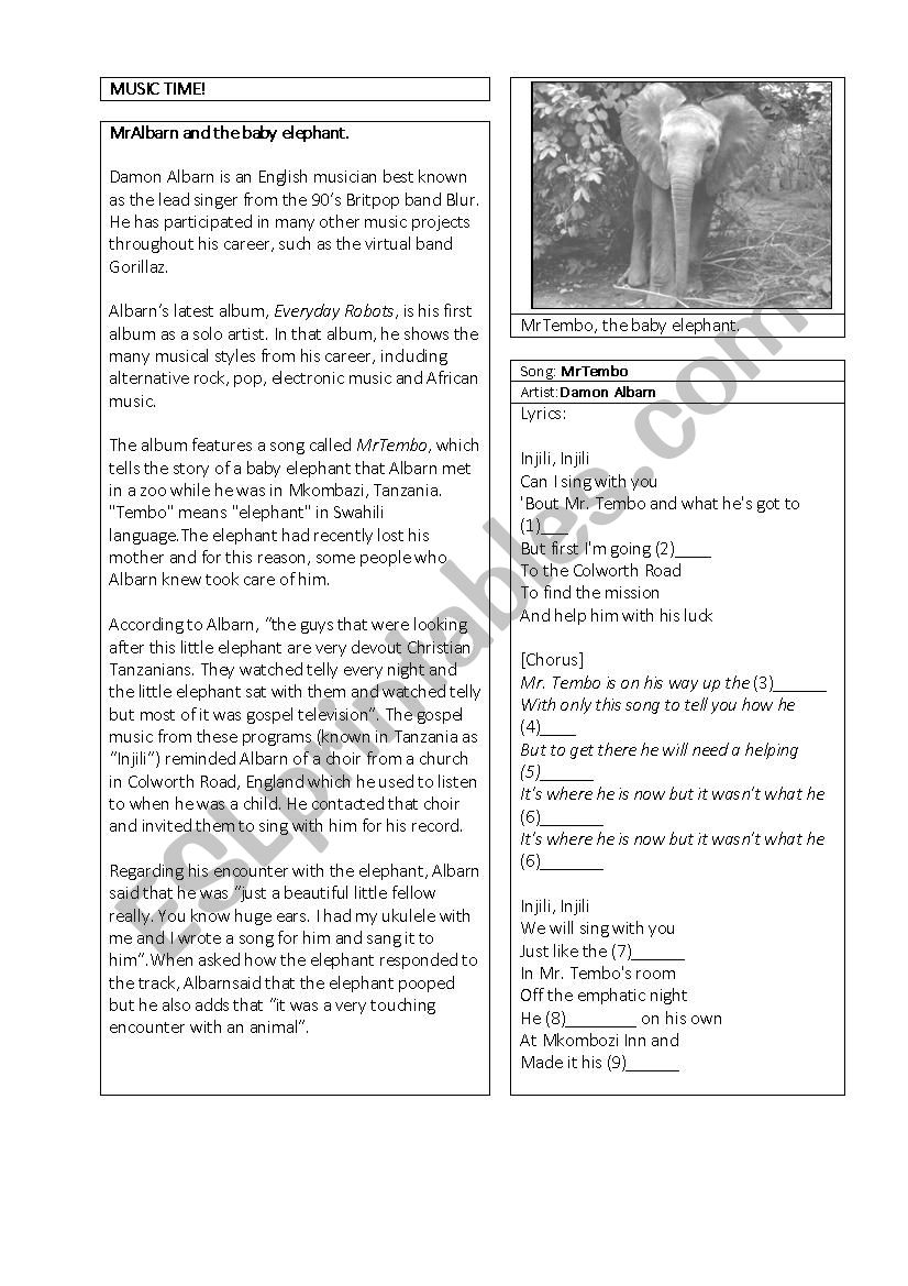 Song worksheet - Mr Tembo (by Damon Albarn)