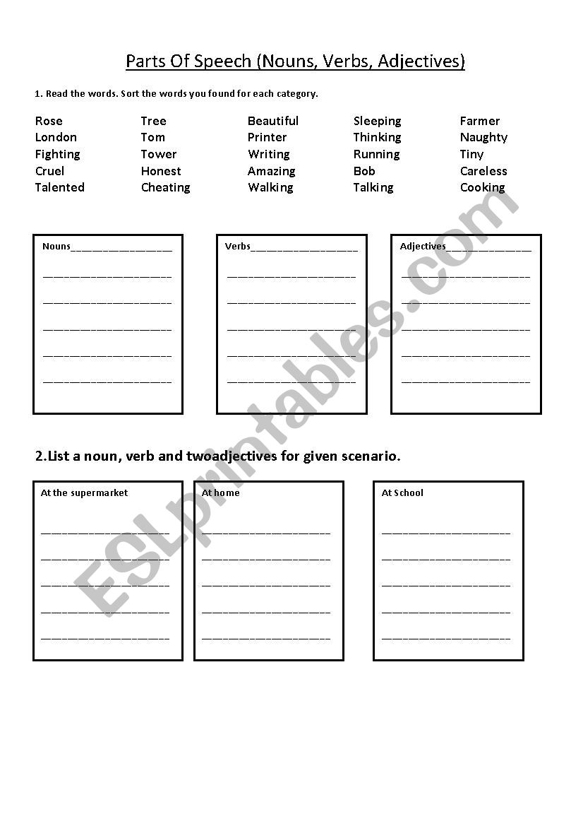 Nouns,Verbs and Adjectives - ESL worksheet by Tanuja23 Inside Nouns And Verbs Worksheet