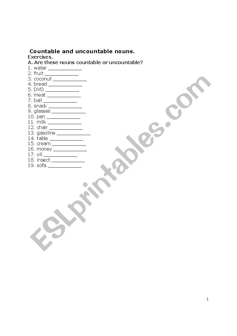 countable/uncountable nouns worksheet