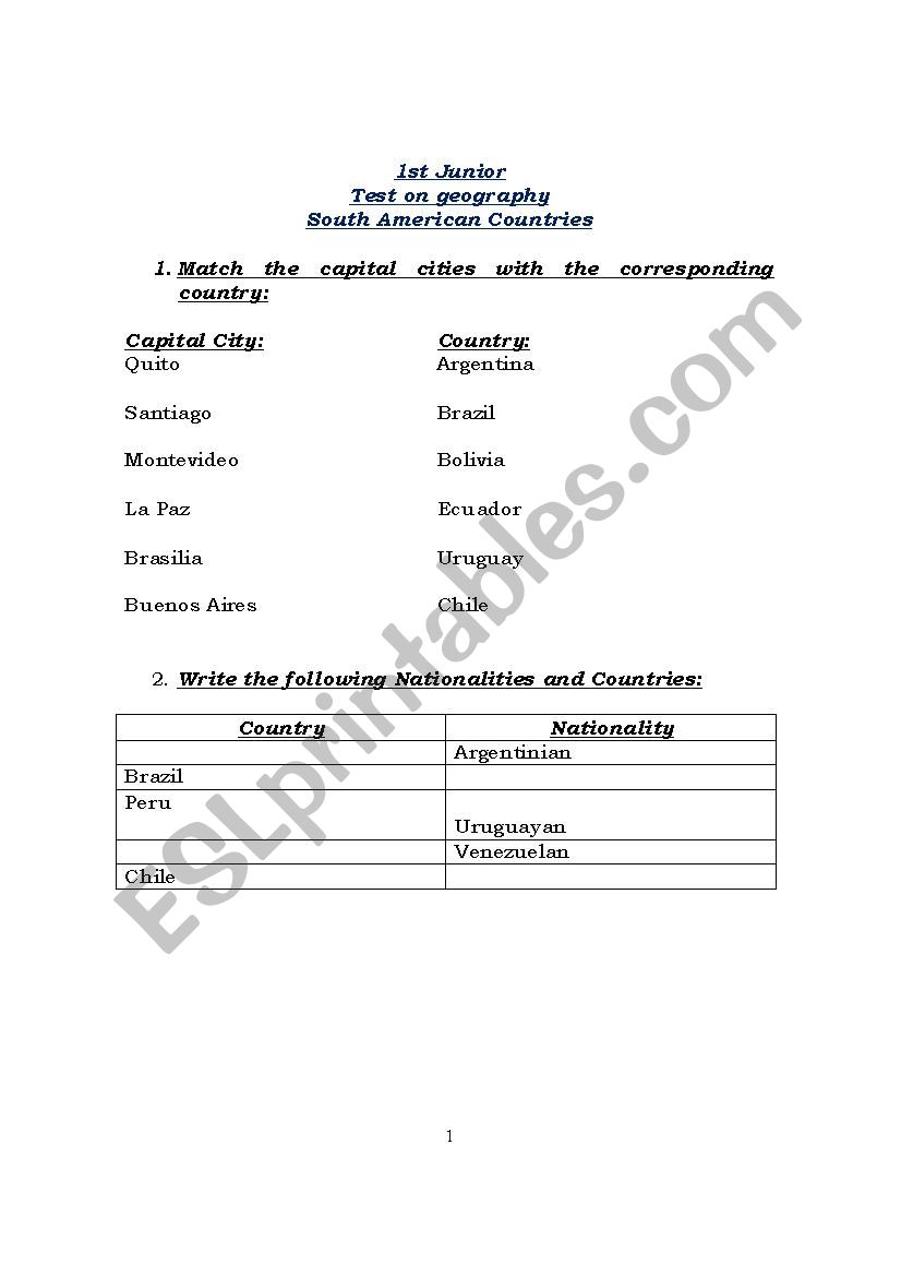 Test on geography worksheet