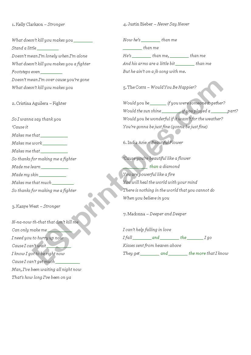 Comparative and Superlative songs gap fill - 90s + 00s mashup