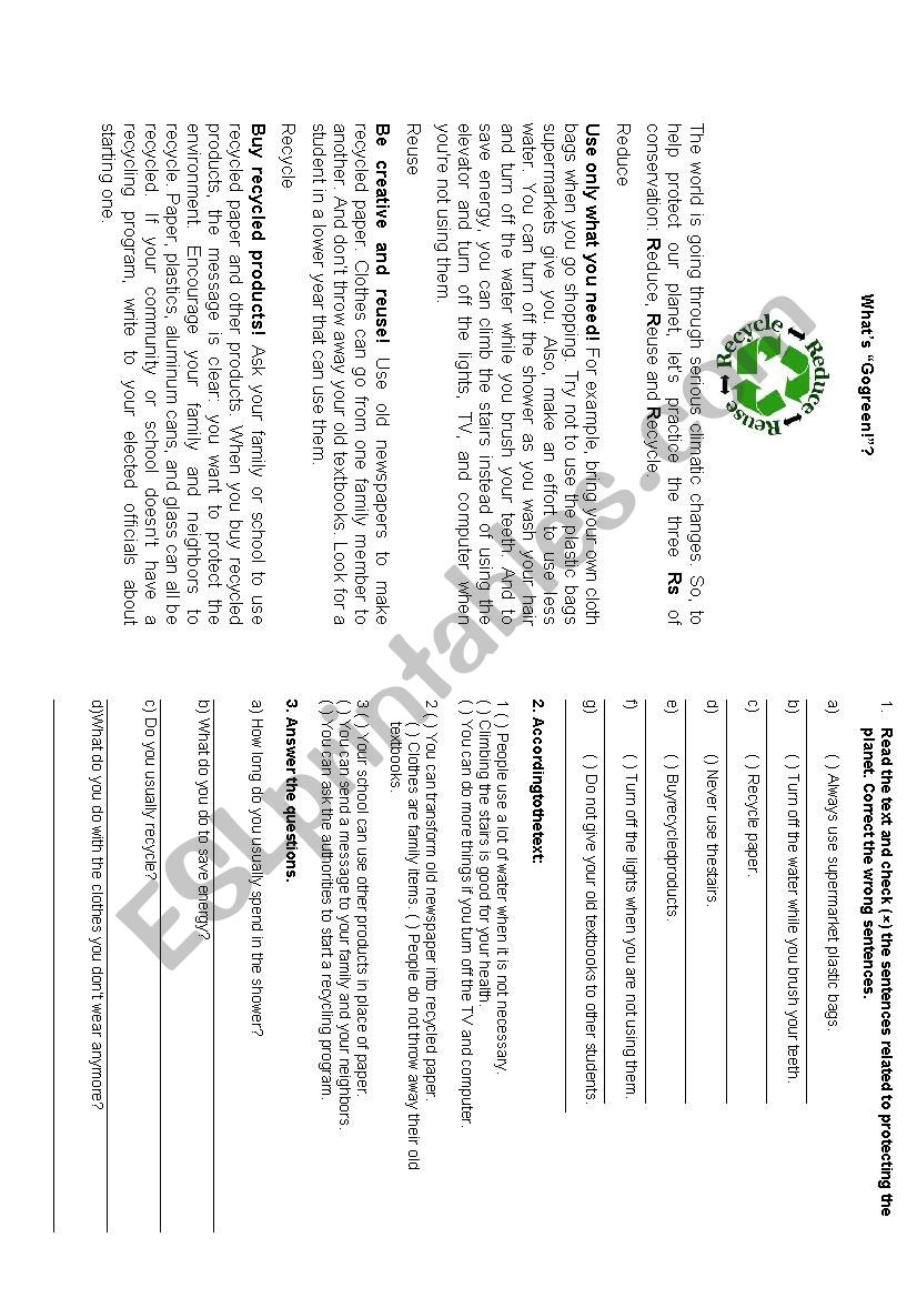 3rs Reduce, Recycle and Reuse worksheet