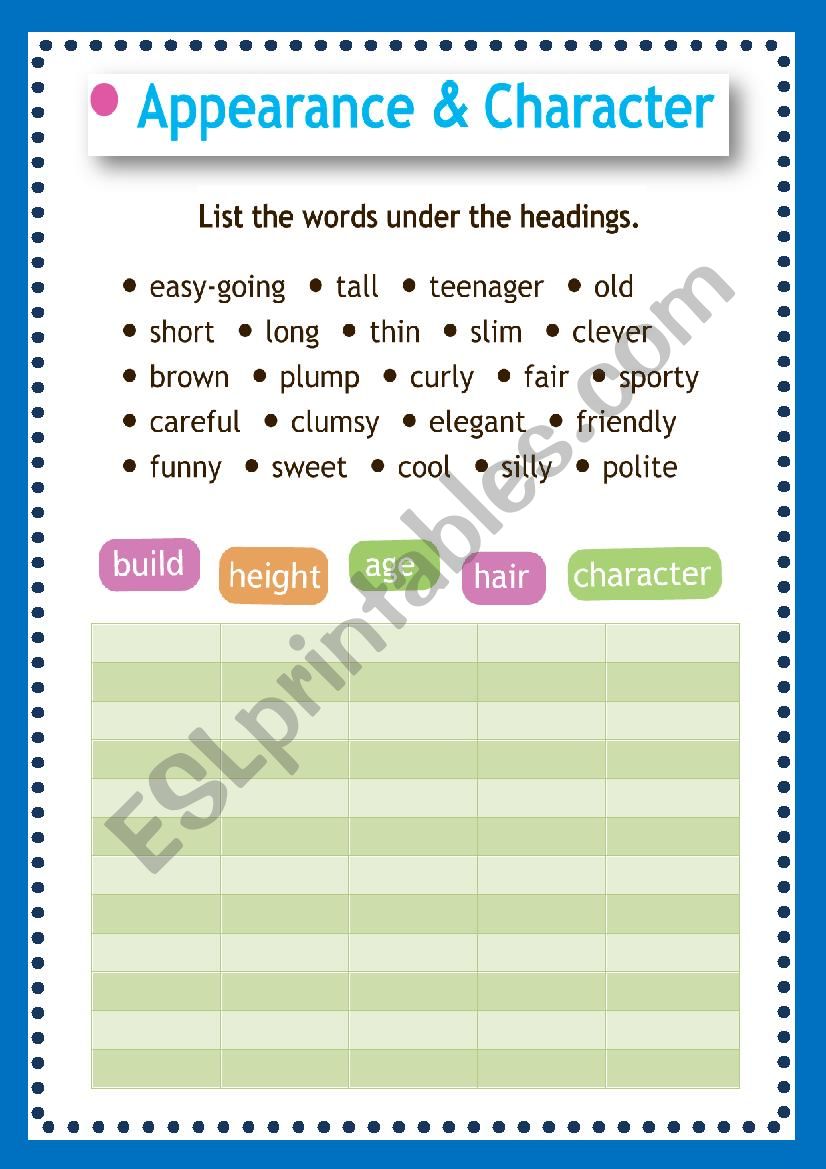 Appearance & Character worksheet