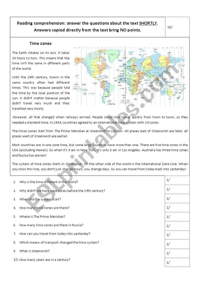 Time Zones worksheet