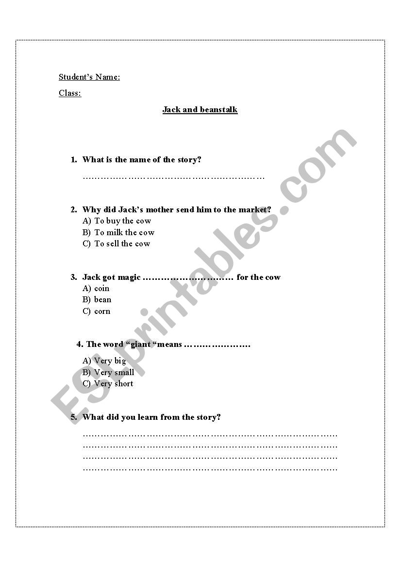 Jack and beanstalk worksheet