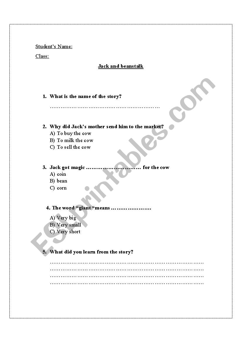 Jack and beanstalk worksheet