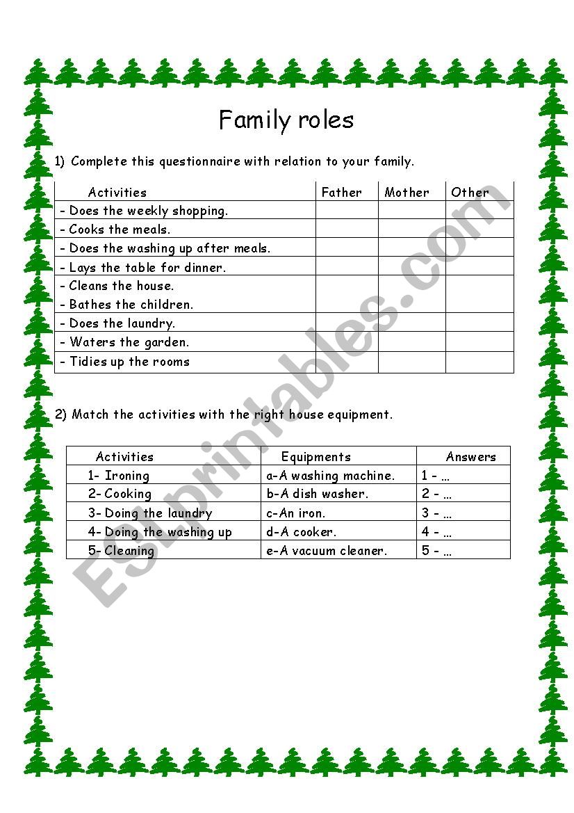House work - family roles worksheet