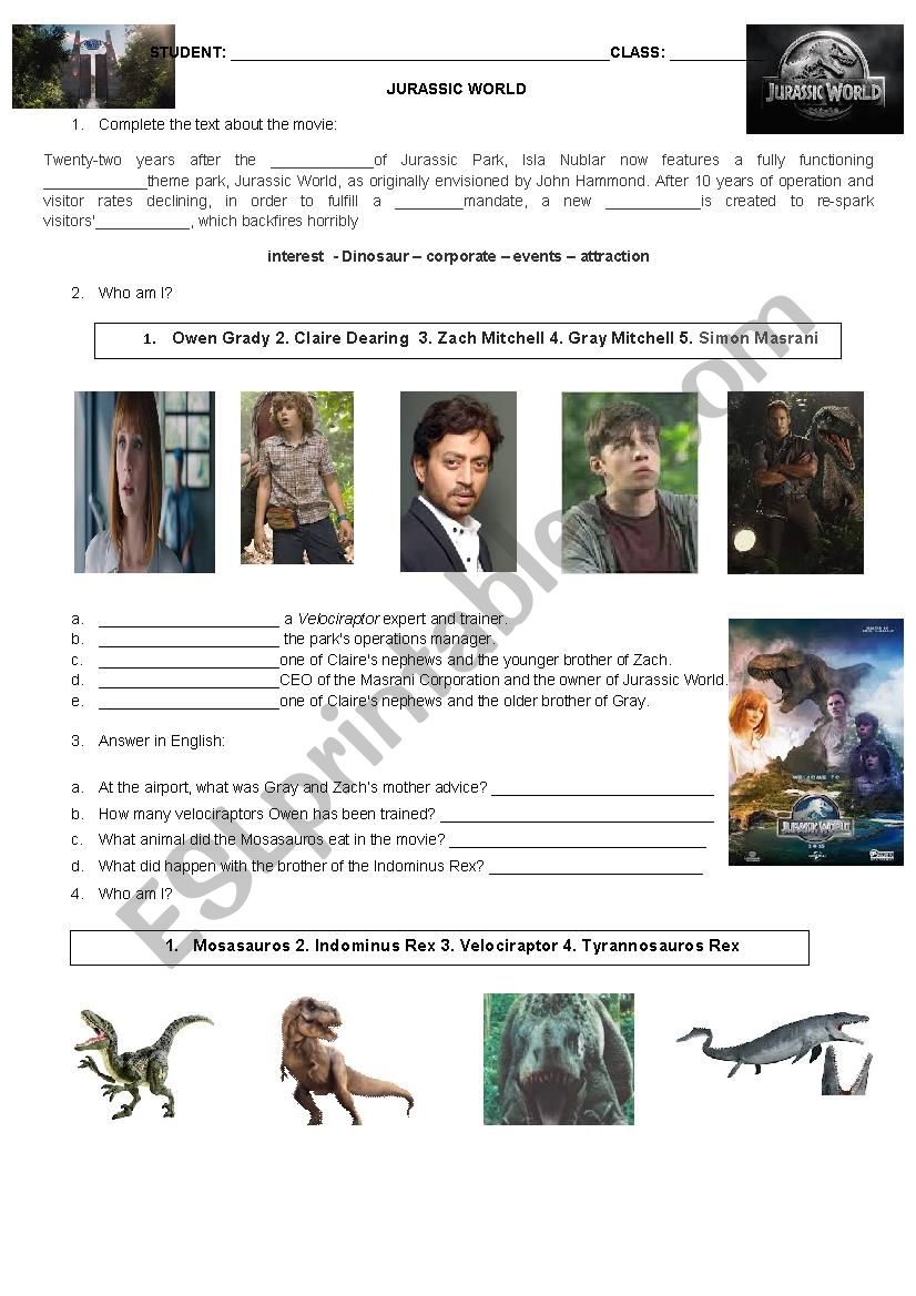 Jurassic World worksheet