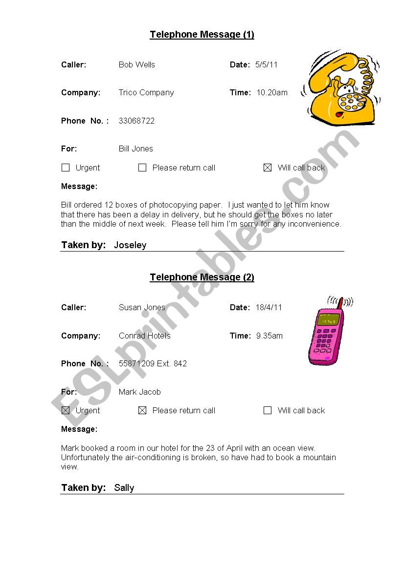 Telephone messages worksheet