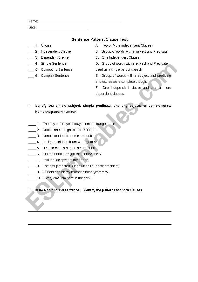 Sentence Pattern Test worksheet