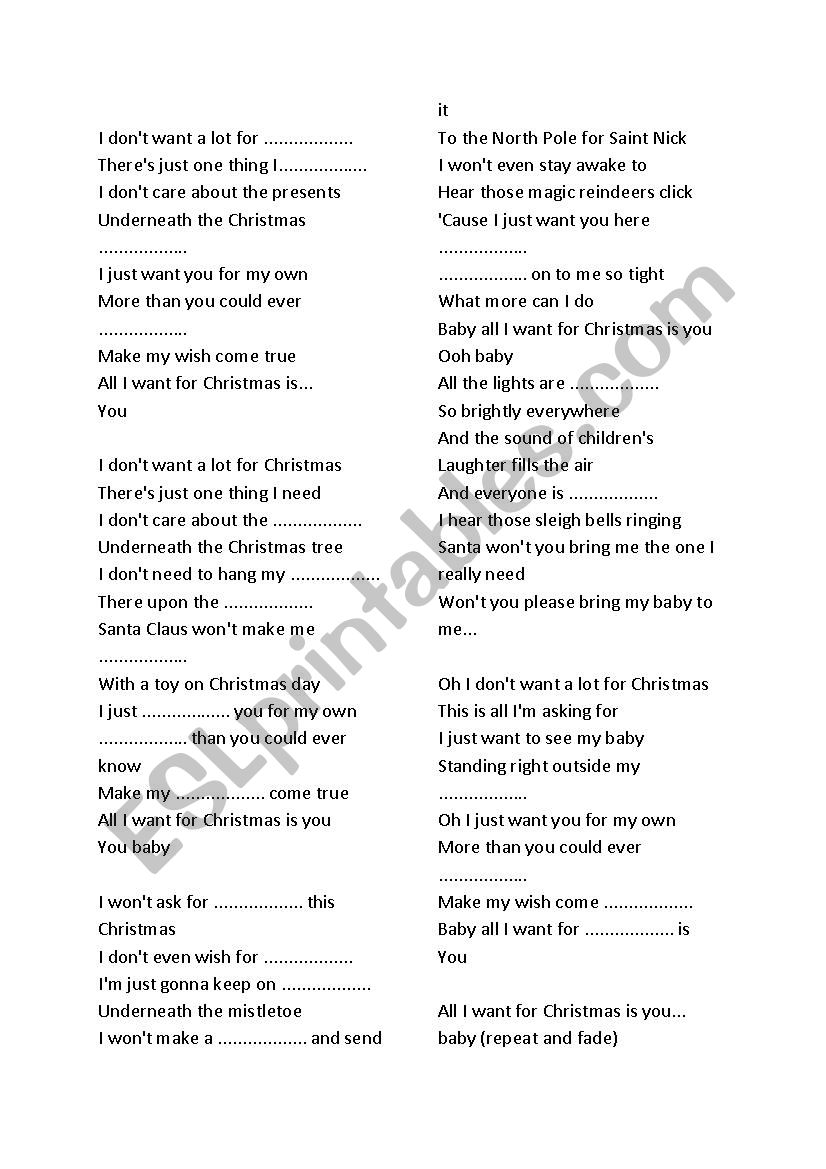 All I want for Christmas - song gapped text 