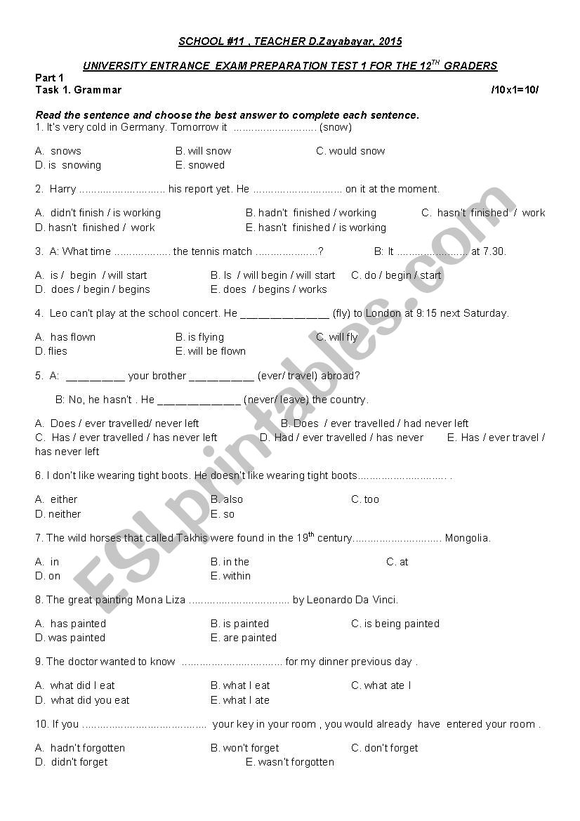 UNIVERSITY ENTRANCE  EXAM PREPARATION TEST 1 FOR THE 12TH GRADERS