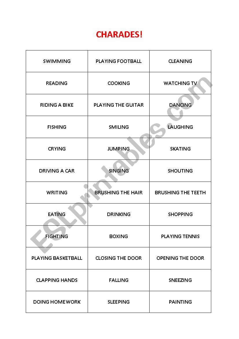 charades worksheet