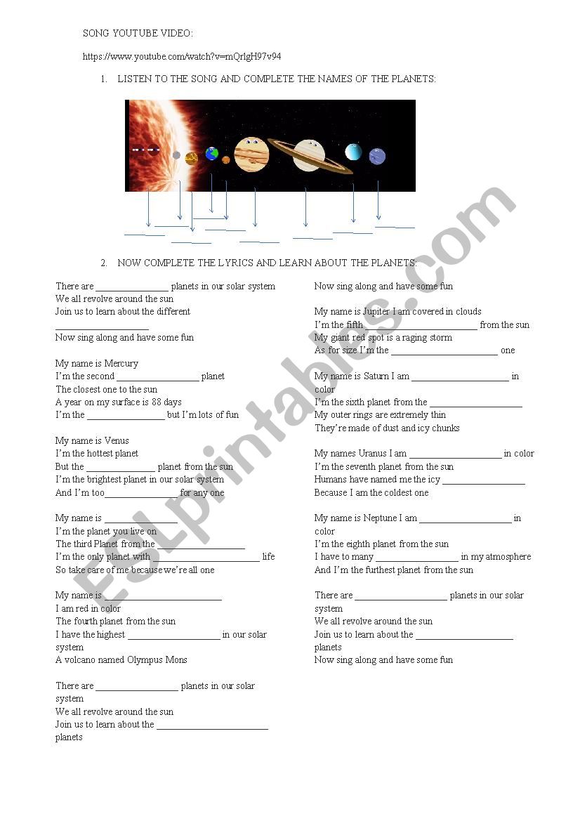 Solar System Song worksheet