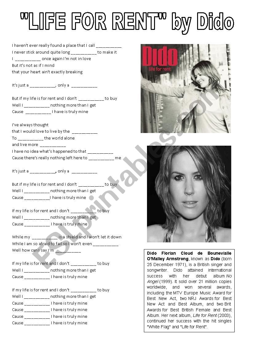 LIFE FOR RENT by Dido worksheet